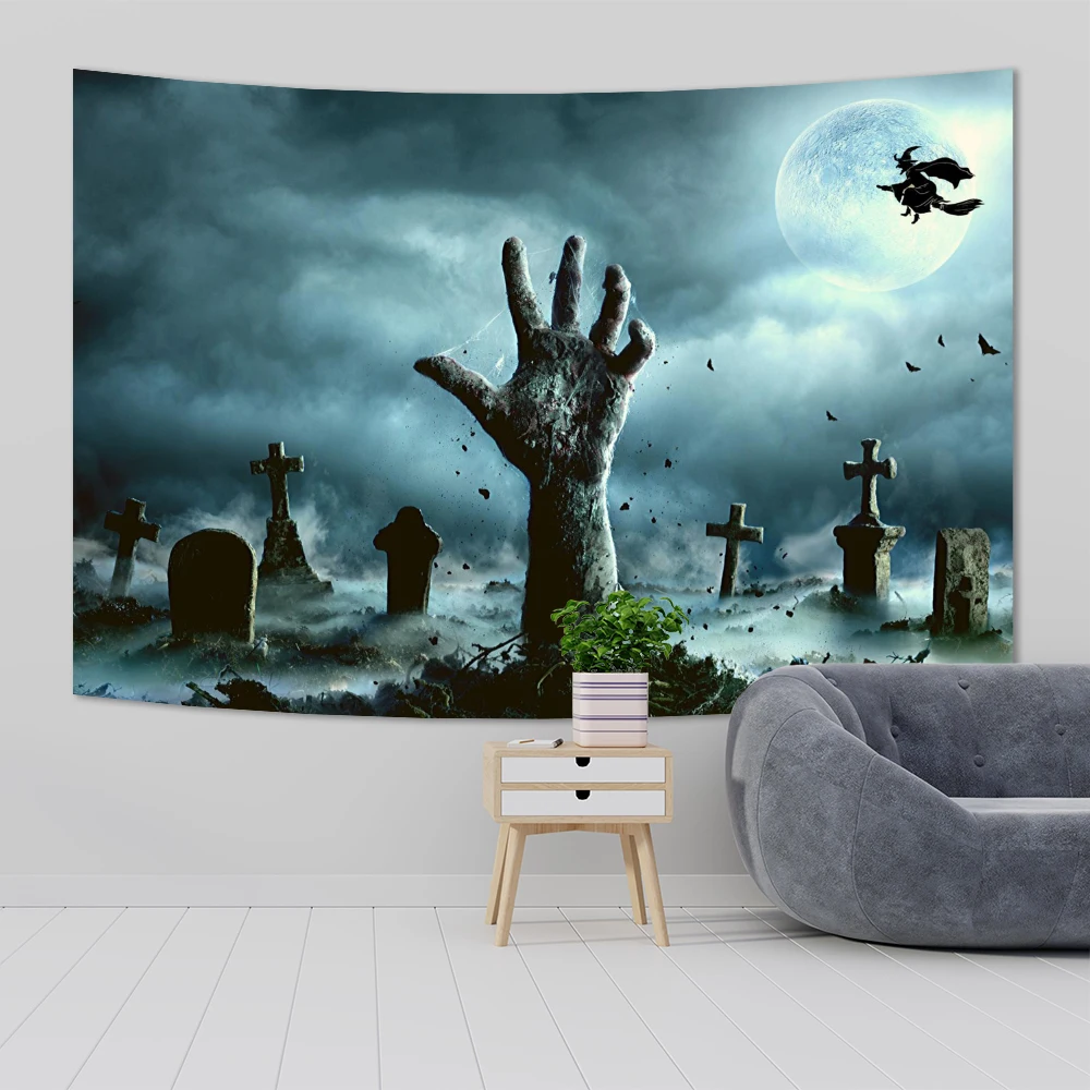 QdDeco Cross And Moon Pumpkin Print Wall Hanging Background Cloth Horror Dark Scene Tapestry Decoration Halloween Gifts