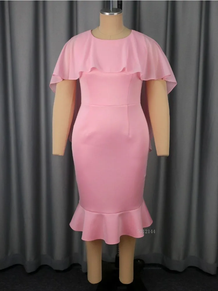 

Pink Mermaid Midi Dress for Women Plus Size Cloak Sleeves Slim Fit Bodycon Package Hip Fishtail Cocktail Evening Event Dresses