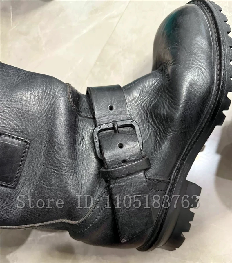 

Men Black Vintage Motorcycle Boots- Adjustable Buckle Strap Non-Slip Chunky Sole Short Combat Booties for Street Style