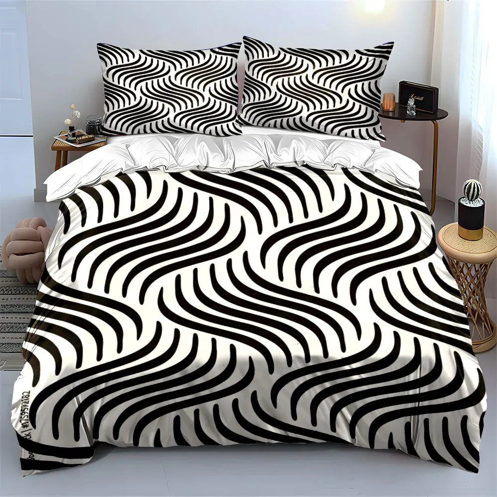 Black wavy line pattern Print Soft Comfortable Duvet Cover Bedding Set Included 1*Duvet Cover 2*Pillowcases Luxury Gift 3