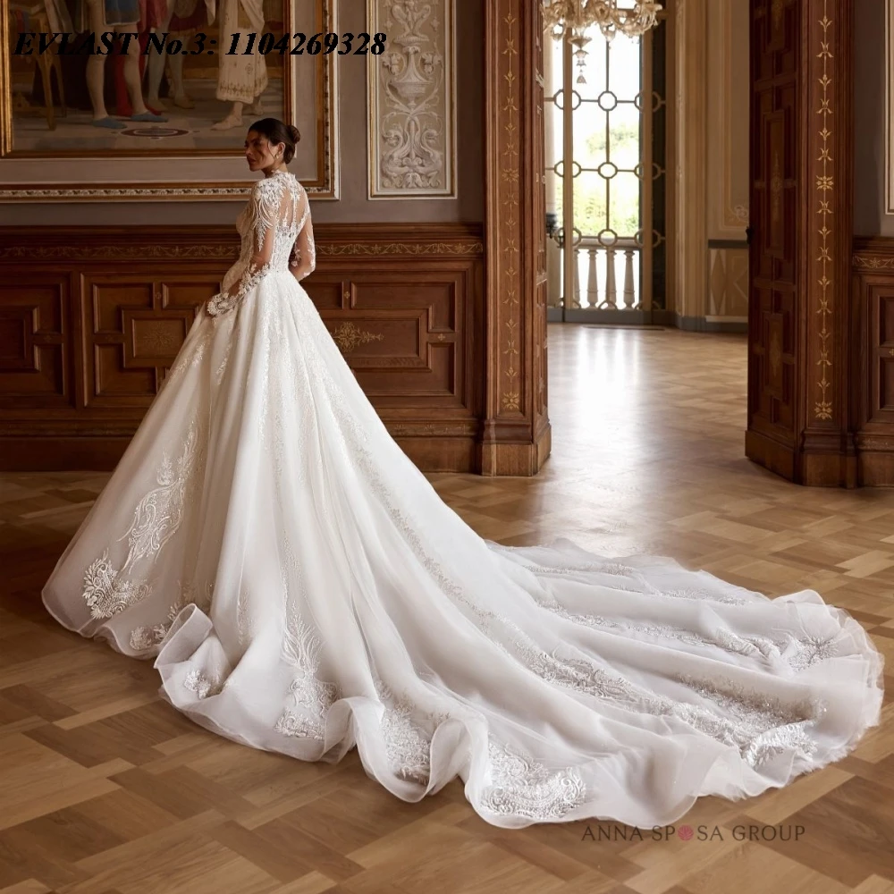 EVLAST Customized Elegant A Line Wedding Dress Long Sleeve High Neck Floral Applique Beaded Bridal Gown Vestidos De Novia E3WA62