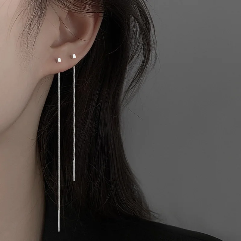 925 Sterling Silver Matte Block 10/13CM Long Chain Tassel Stud Earrings For Women Party Classic Fine Jewelry Elegant Accessories