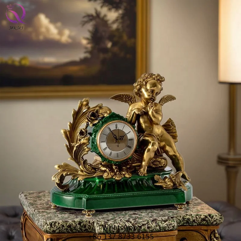 Low MOQ Antique Home Decoration Table Clock Luxury Emerald Porcelain Desktop Clock Bronze Ceramic Angel Clock