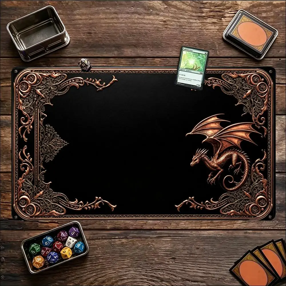Ornate Bronze Dragon Vintage Border Art Non‑Slip Rubber Game Playmat For Tabletop Card Game Desktop Gaming Entertainment