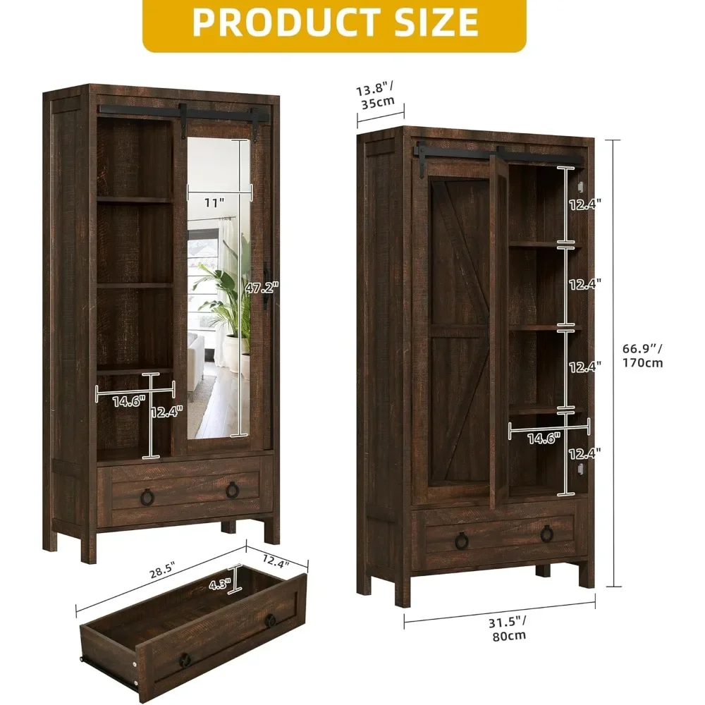 Bathroom Locker - High Locker with Full Length Mirror, Cottage Bathroom Cabinet with Doors and Drawers