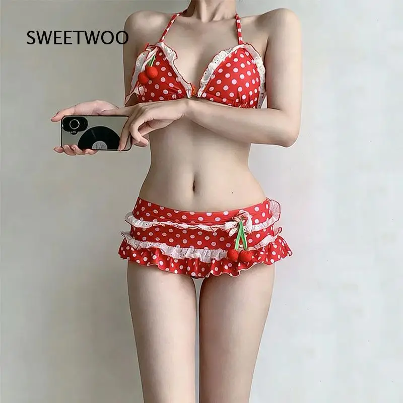 Women Three Piece Bikini Set Red Polka Dot Halter Top Ruffled Skirt Bottom With Sheer Long Sleeve Cover Up Swimwear Bathing