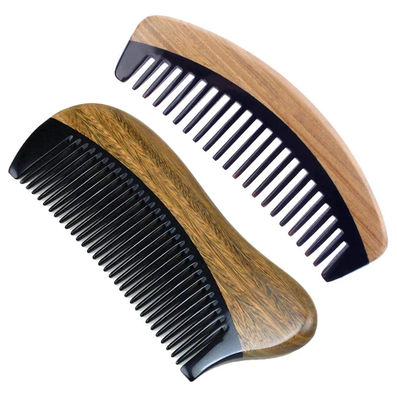 

2 Pcs Natural Green Sandalwood Hair Comb - No Static Wooden Fine Tooth Black Buffalo Horn Comb, 12Cmx5cm & 150Mmx50mmx8mm