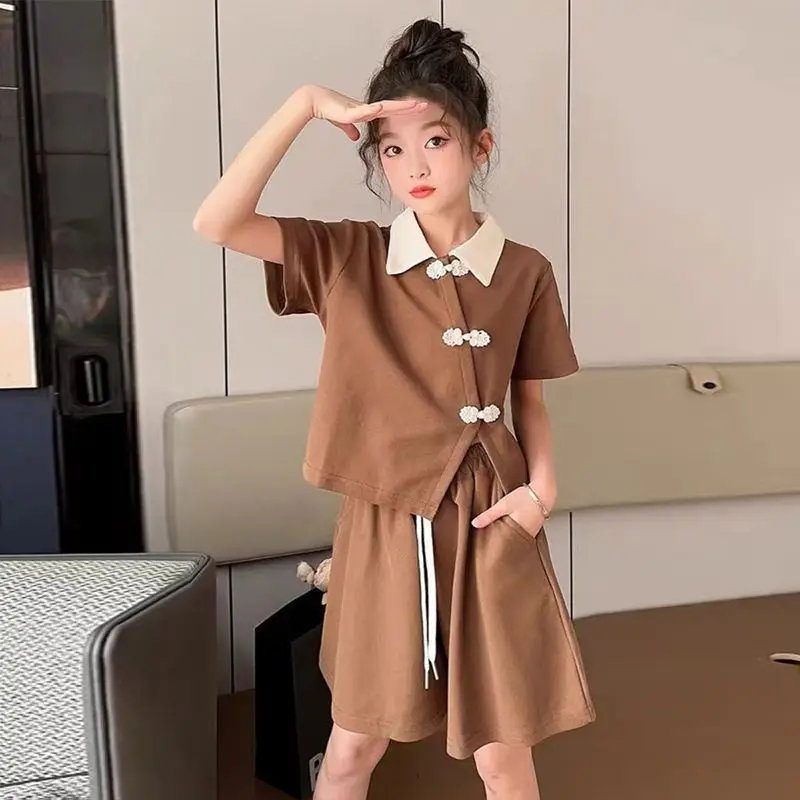 2026 summer Chinese style  girls Clothes Children set short sleeve Teenager t shirt crop tops + hot short pant 4 8 10 12 year
