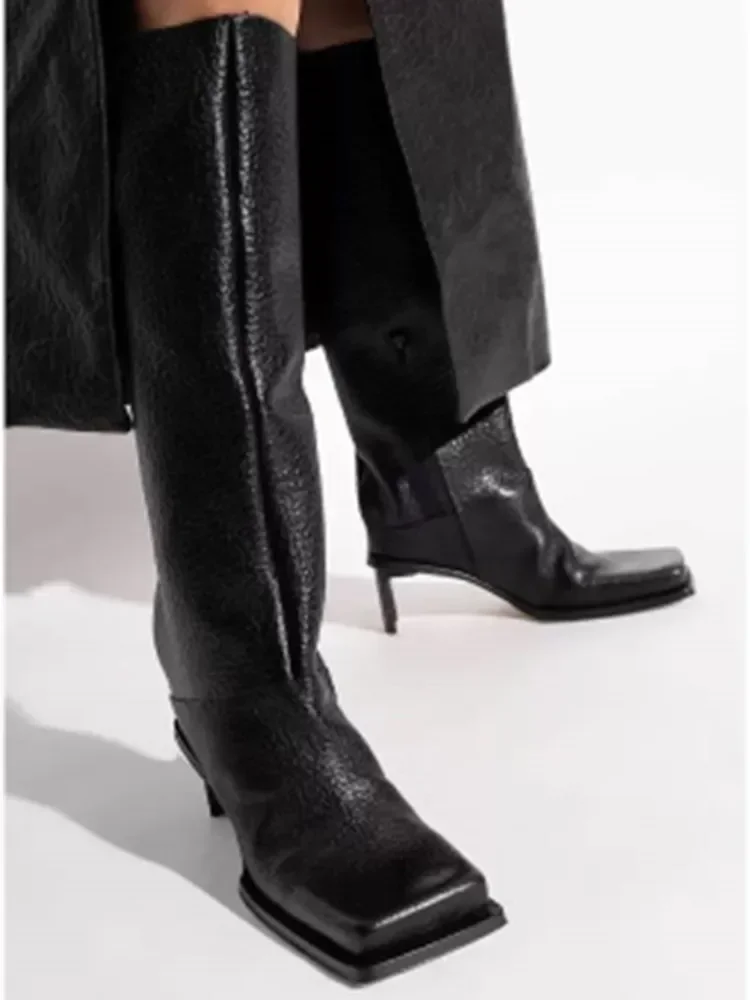 Women's Autumn and Winter New Style 6cm Thick High Heels Knee High Square Toe High Boots Fashionable Plus Size Mid Length Boots