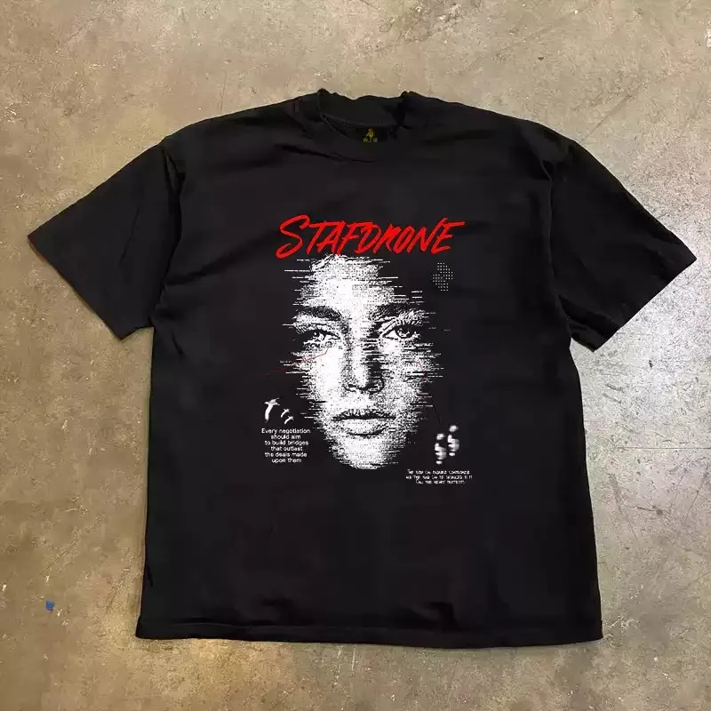 Unisex Glitch Scan‑Line Female Portrait Graphic T‑Shirt Men Women Distressed Grainy Art Print Tee 100% Cotton Loose Dark Aesthetic Streetwear Short Sleeve T Shirt.