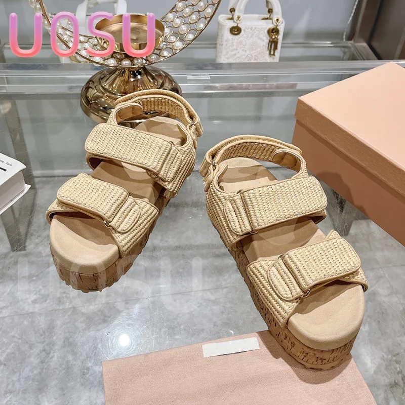 

Designer Women Sandals Waterproof Platform 3-5cm Sheepskin Hook & Loop Straw Shoes Luxury Leaky Toe Outdoor Casual Ladies Shoes