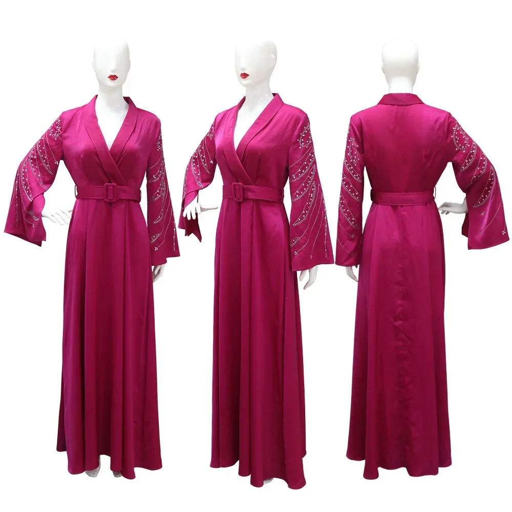 Eid Belted Dress Diamonds Printed Jalabiya Muslim Abaya Women V-neck Arab Lace-up Gown Long Robe Trumpet Split Sleeves Clothing