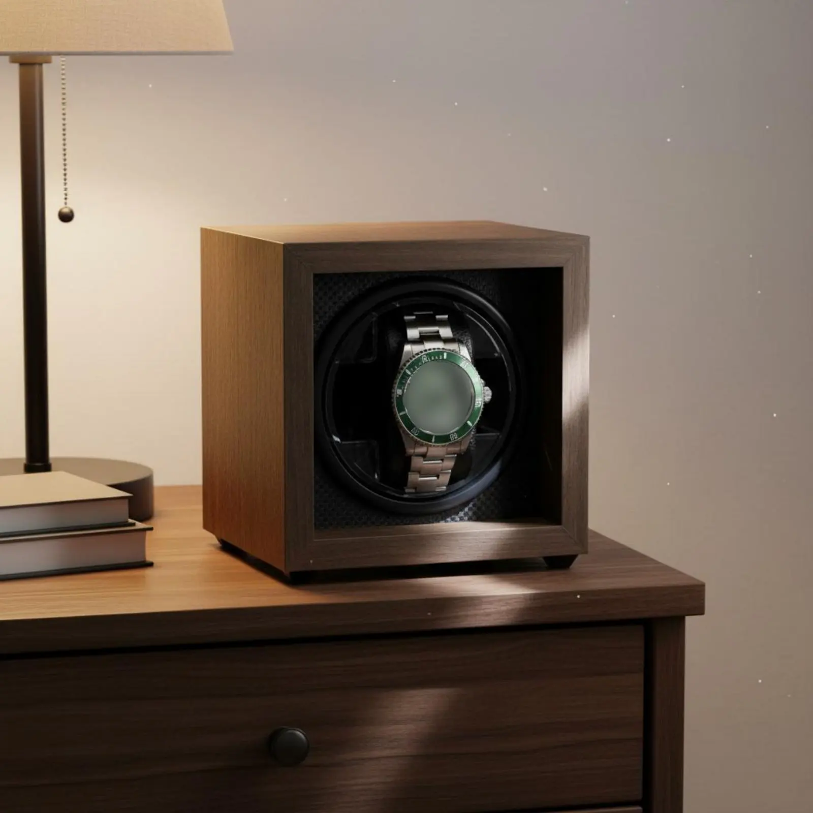 Walnut Wood Watch Winder Two-Way Rotation Automatic Watch Winder Timepiece Storage 5 Speed Settings Blue Lighting Lighting