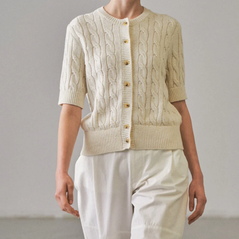 Summer New Twist Woven Cardigan Short Sleeve Knitted Top Female Linen Cotton Knitted Cardigan