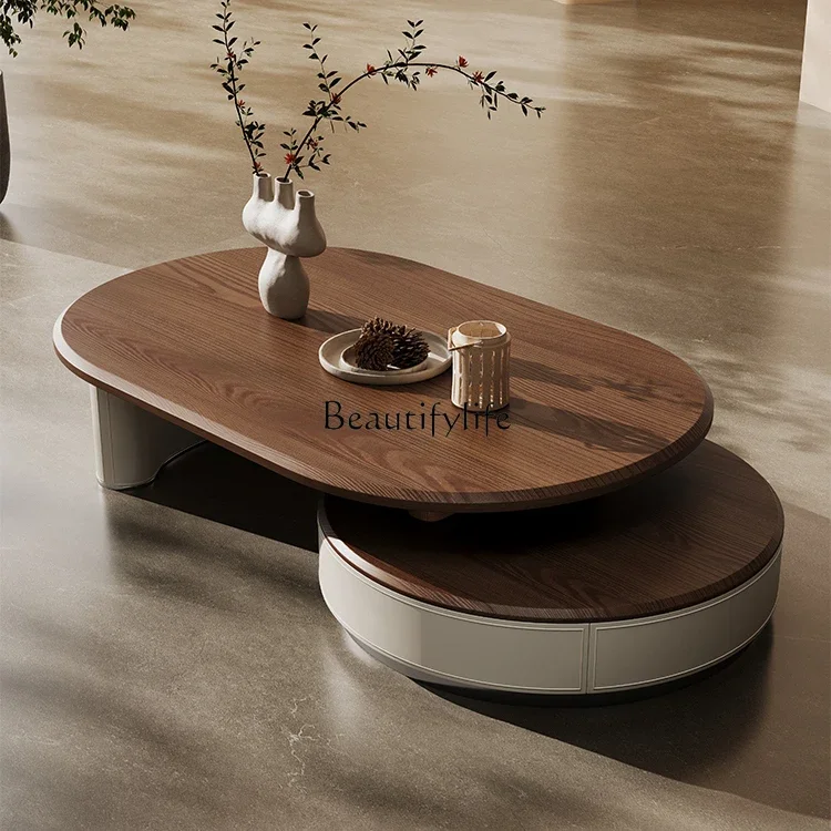 

46Retro style walnut pattern retractable round coffee table, high-end saddle leather in the living room, antique coffee table