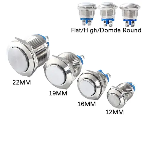 12mm 16mm 19mm 22mm 패널 구멍 금속 푸시 버튼 스위치 전원 플랫/하이/볼 헤드 순간/잠금 나사 핀 NO/NC 자동차 초인종