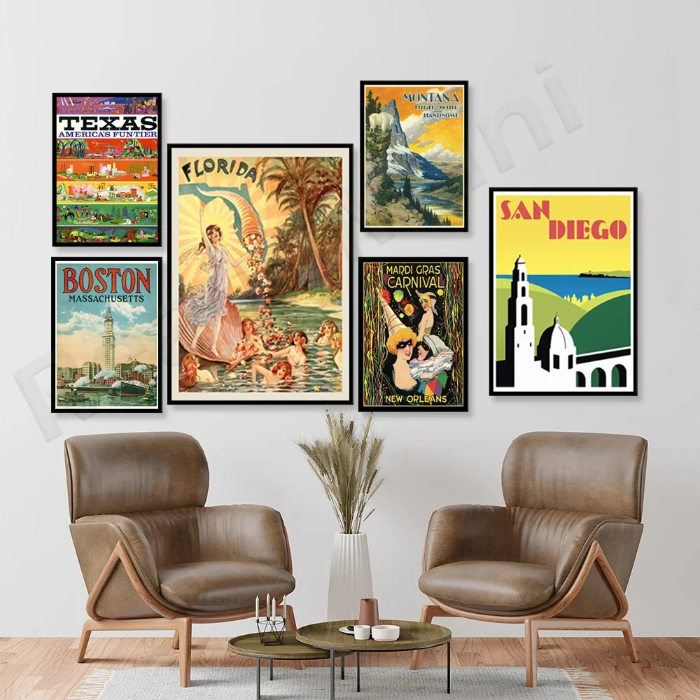 Affiche de voyage vintage pour collection, impressions d'art, San Diego, Kansas, Floride, Texas, Nouvelle-Orléans, Boston, San Francisco, Montana, Mayfly