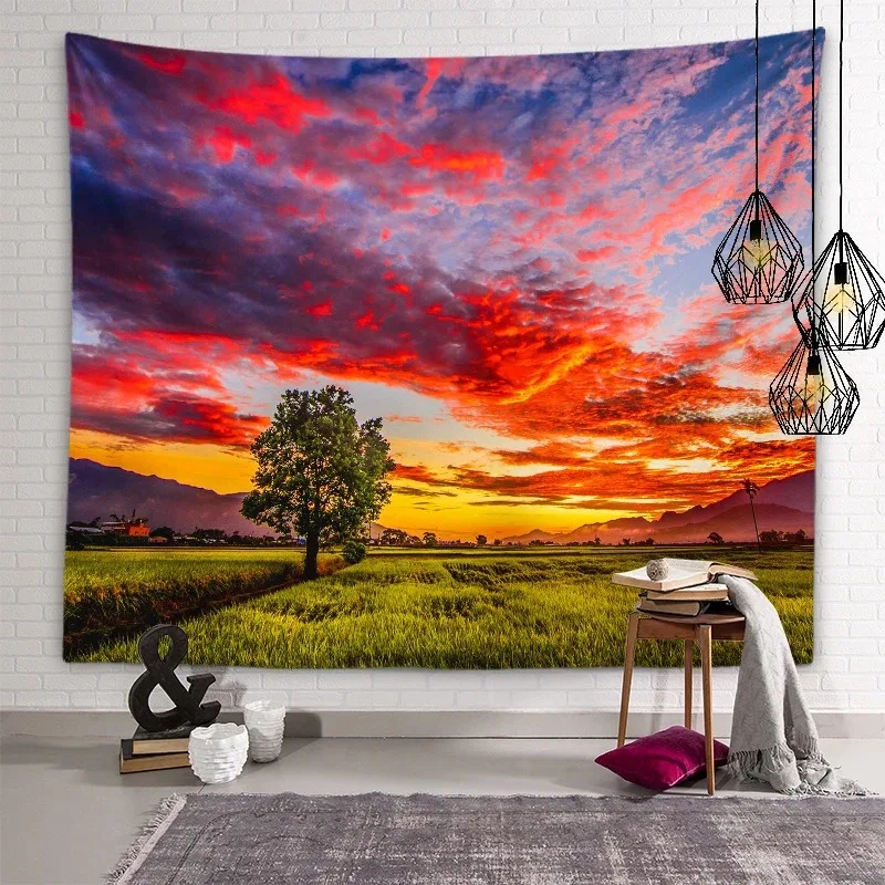 VIKAMA Sunset Landscape Tapestry, American Country Healing Style Bedroom Background Fabric, Wall Decoration Hanging Fabric