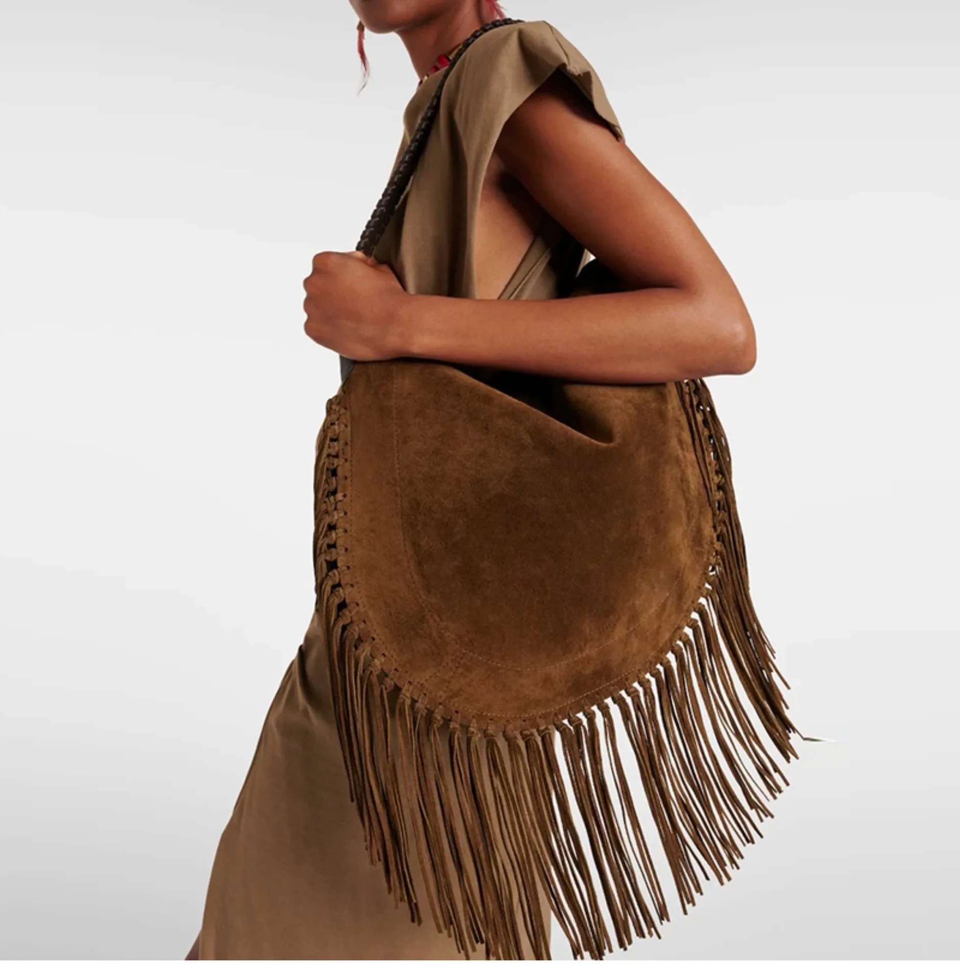 New Long Tassel Women's Shoulder Bags Luxury Faux Suede Tote Bag Designer Handbags Half Moon Hobos Frosted Shopper Purses Female