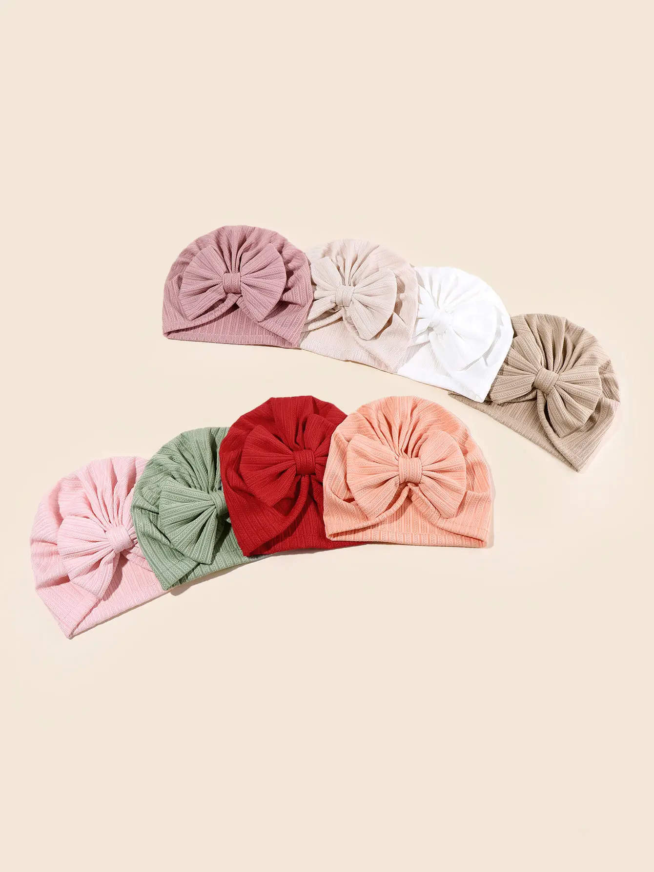 8Pcs Set Baby Girls\' Monochromatic Knotted Beanie, Large Bow Turban, Infant Beanies, Outdoor Bonnet, H472