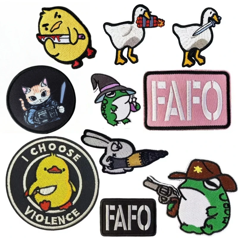 Cartoon Animal Duck with Knife Morale Badge Missile FAFO Embroidery Hook and Loop Patches Tactical Backpack Jacket Sticker