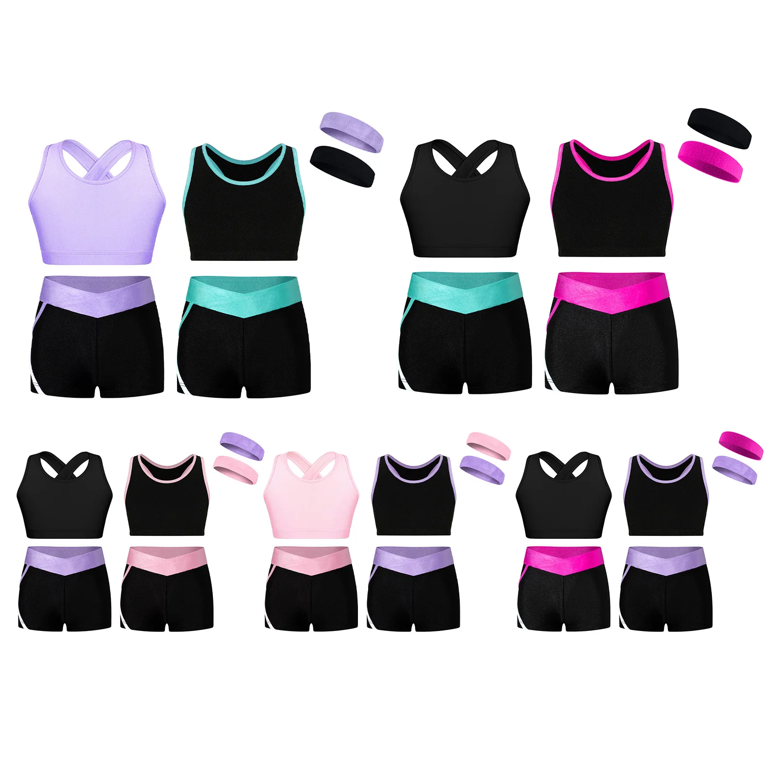 Kids Girls Sports Suits Tracksuits Sleeveless Cropped Vest And Shorts Headband for Gymnastics Workout Running Dance Training Set