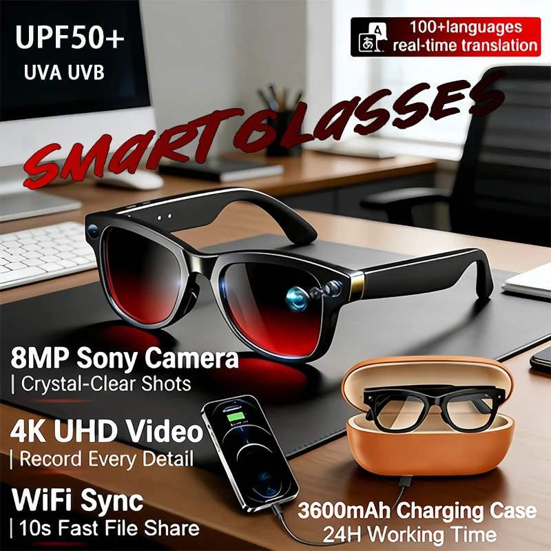 

Новые умные очки-переводчик 2026 года, 800 Вт, с записью фото и видео, воспроизведением музыки, зарядным кейсом, для мужчин и женщин