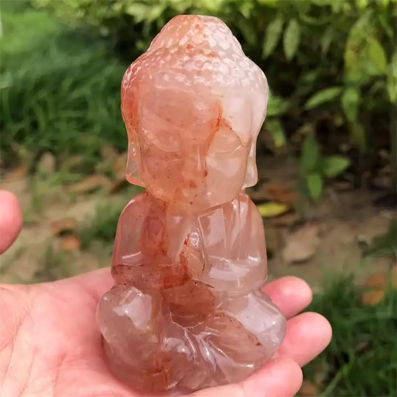 10CM Natural Red Fire Quartz Hematoid Buddha Carving Home Decor Feng Shui Craft Ornament Stone Gift