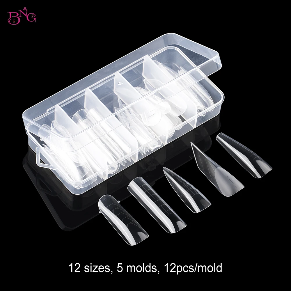 BNG 60/75pcs Nail Extension Form Tips Clear Poly Nail Gel Acrylic Nails Mold with Scale Dual Forms System Manicure Tools 5 Types