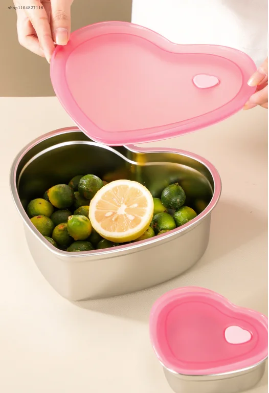 2025 New 304 Stainless Steel Heart-Shaped Silicone Lid Food Storage Box, Portable Lunch Box, Refrigerator Freezer Box, Food Stor