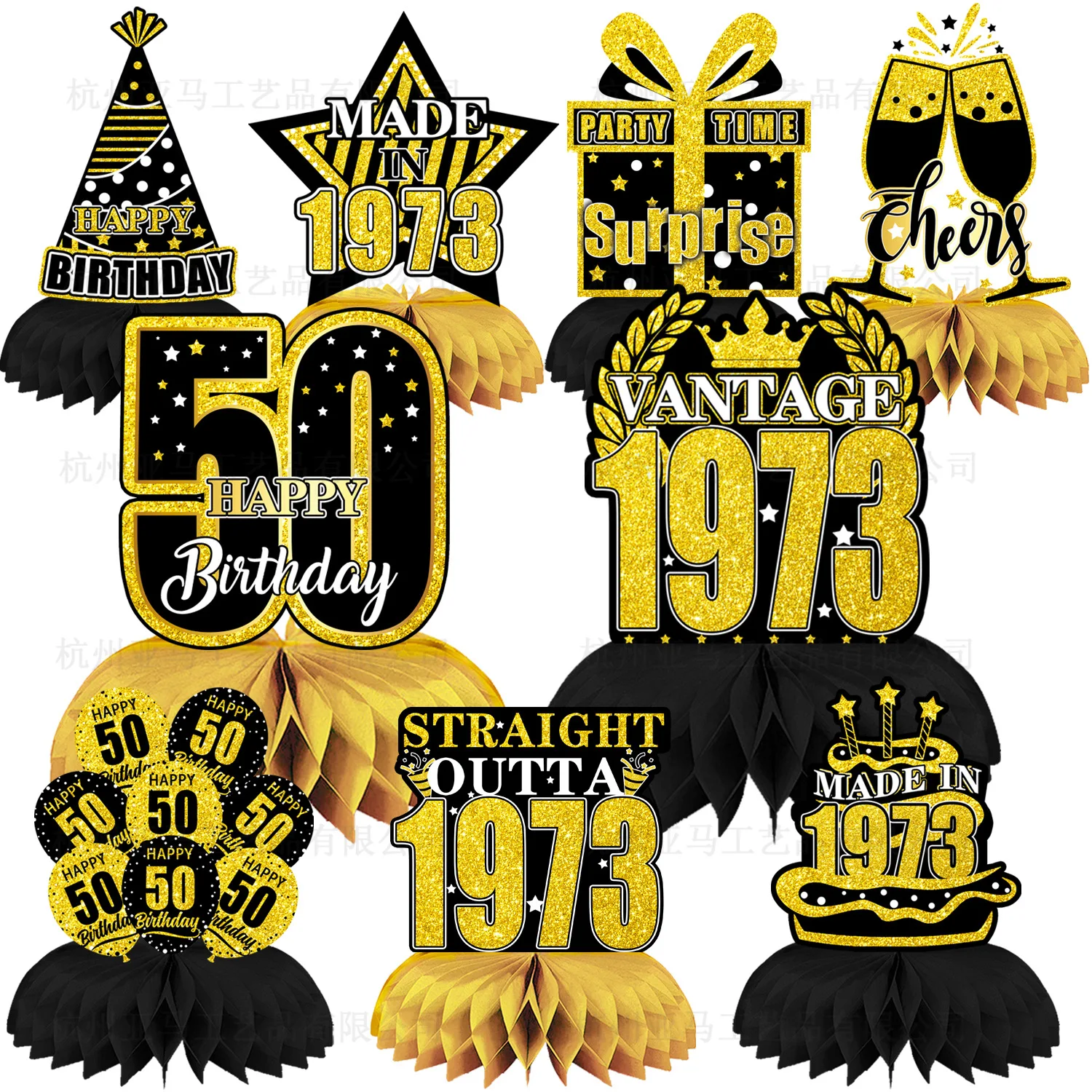 

Black Gold 50 Year Old Birthday Party Decor Cheer 18th 30th 40th 50th 60th Birthday Party Honeycomb Paper Fan Tabletop Ornaments