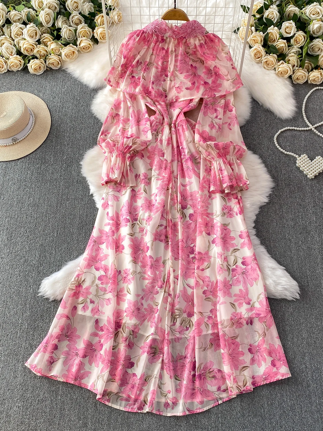 Ele Vintage Court Sle Beaded ow Dr Women's Beautiful Print Full Skirt Stand Collar Long Sve High Waist A-Line D...