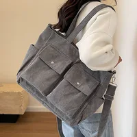 Bolso de hombro de pana de gran capacidad para mujer, bolso sencillo e informal con múltiples bolsillos para ir al trabajo y ir de compras