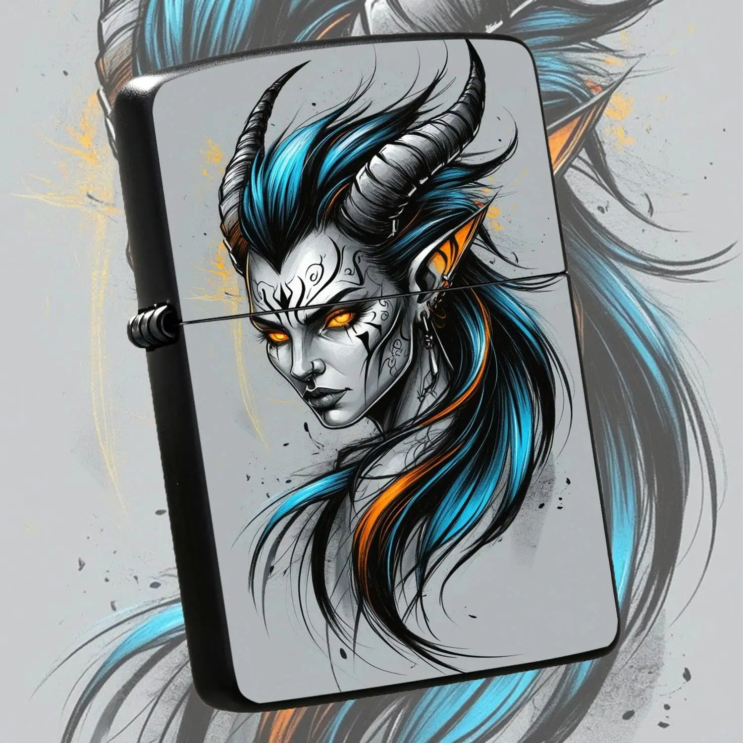 Stylish Tiefling Character Portable Igniter, Bold Cyan Orange Contrast Dark Fantasy Themed Accessory, Fits All Daily Scenarios, Ideal Unique Present For Friends And Hobbyists, Combines Decor Display And Practical Usage A Humorous And Intere