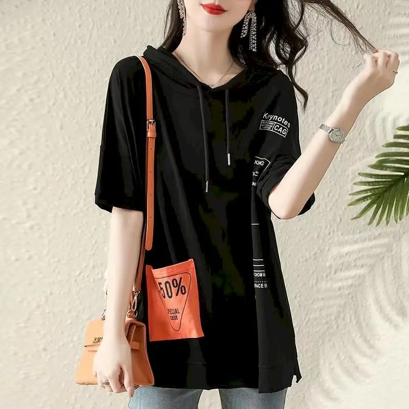 100% Cotton T Shirt Women Fashion Letter Print Pocket Patch T-shirt Korean Loose Hooded Short Sleeve Top Summer Oversized Tshirt