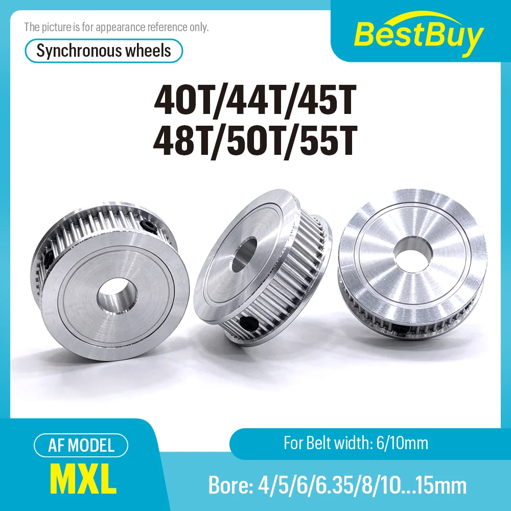 MXL AF Type Timing Pulley 40T/44T/45T/48T/50T/55 Teeth Bore 4/5/6/6.35-15mm for 6/10mm Belt Linear Pulley for Power Transmission