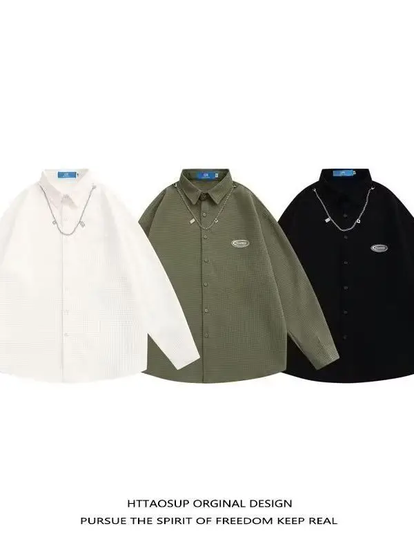 

Весенняя винтажная простая однотонная рубашка с длинным рукавом и воротником, свободного кроя, универсальная повседневная рубашка для пар