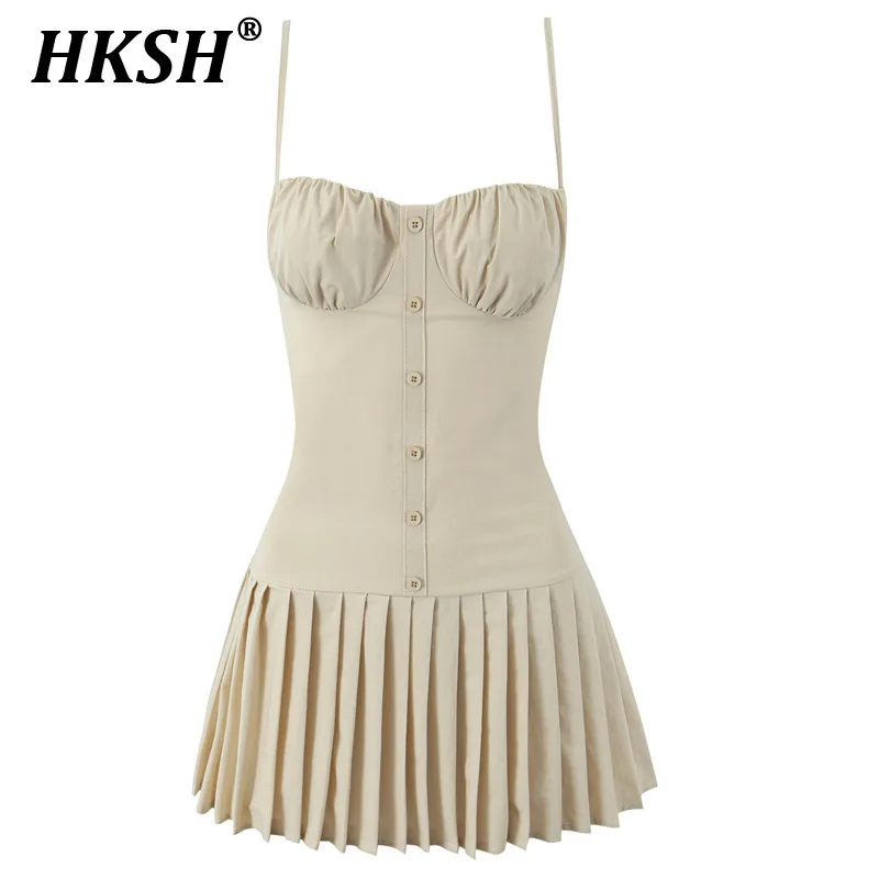 

HKSH Summer New Women Tide Elegant Y2K French Ins Tide Streetwear Dress Chic Shaped Waist Suspender Pleated Short Skirts HK5180