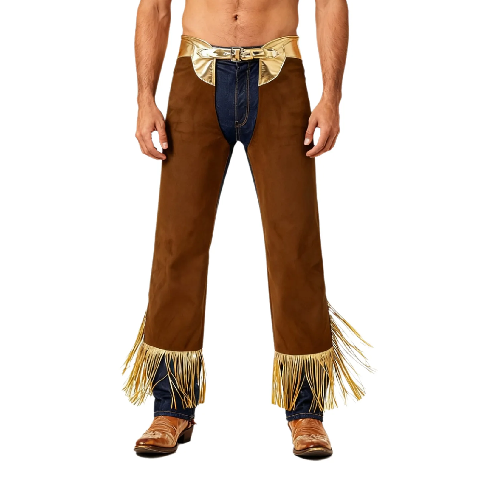

Mens Western Bull Riding Chaps Metallic Shiny Fringe Adjustable Waist Hollow-out Crotch Long Pants Cowboy Pants for Carnival