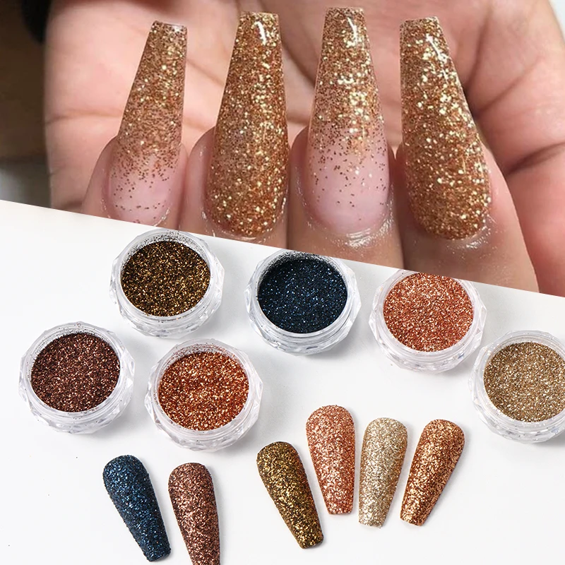6개입 샤이니 로즈 골드 커피 브라운 슈가 네일 파우더 반짝이는 다이아몬드 크롬 플레이크 더스트 캔디 코팅 가을 겨울 글리터 매니큐어