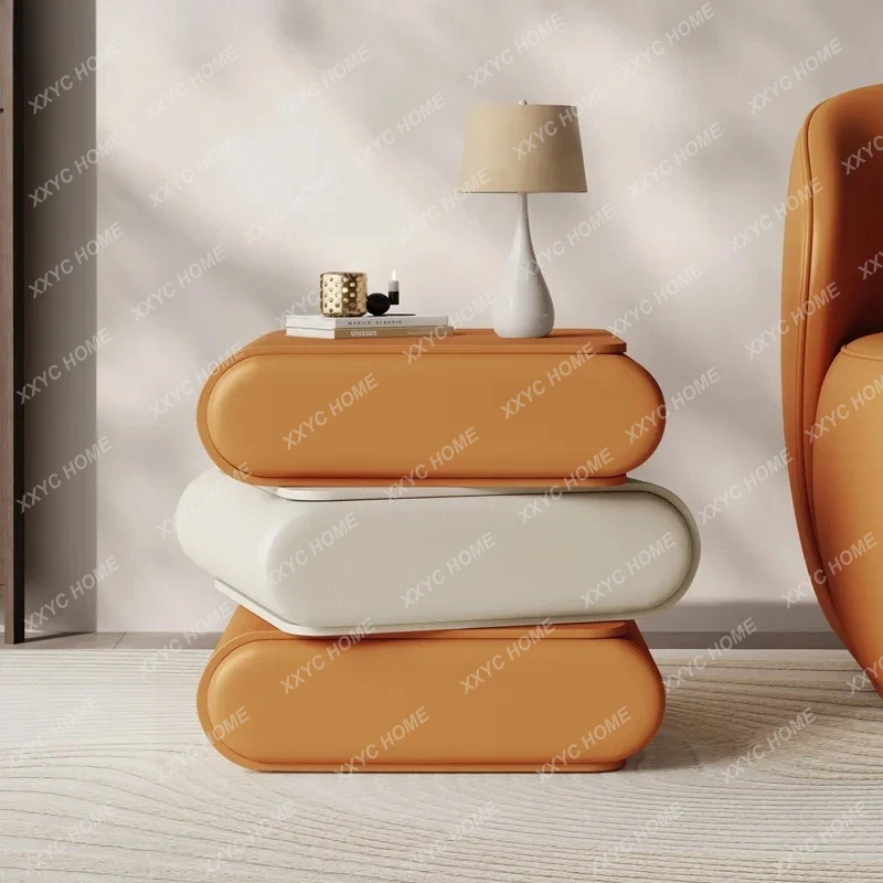 High-end Italian three-layer creative rotating bedside table solid wood leather bedside table