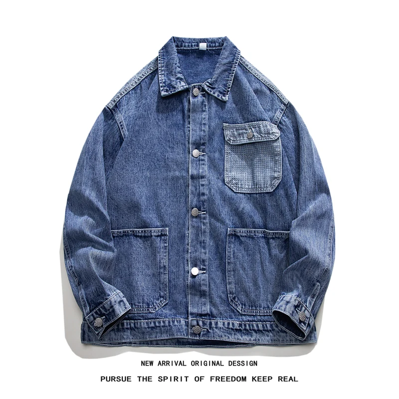 

Simple Retro Washed Loose Multi Pocket Casual Workwear Long Sleeved Lapel Denim Jacket For Men