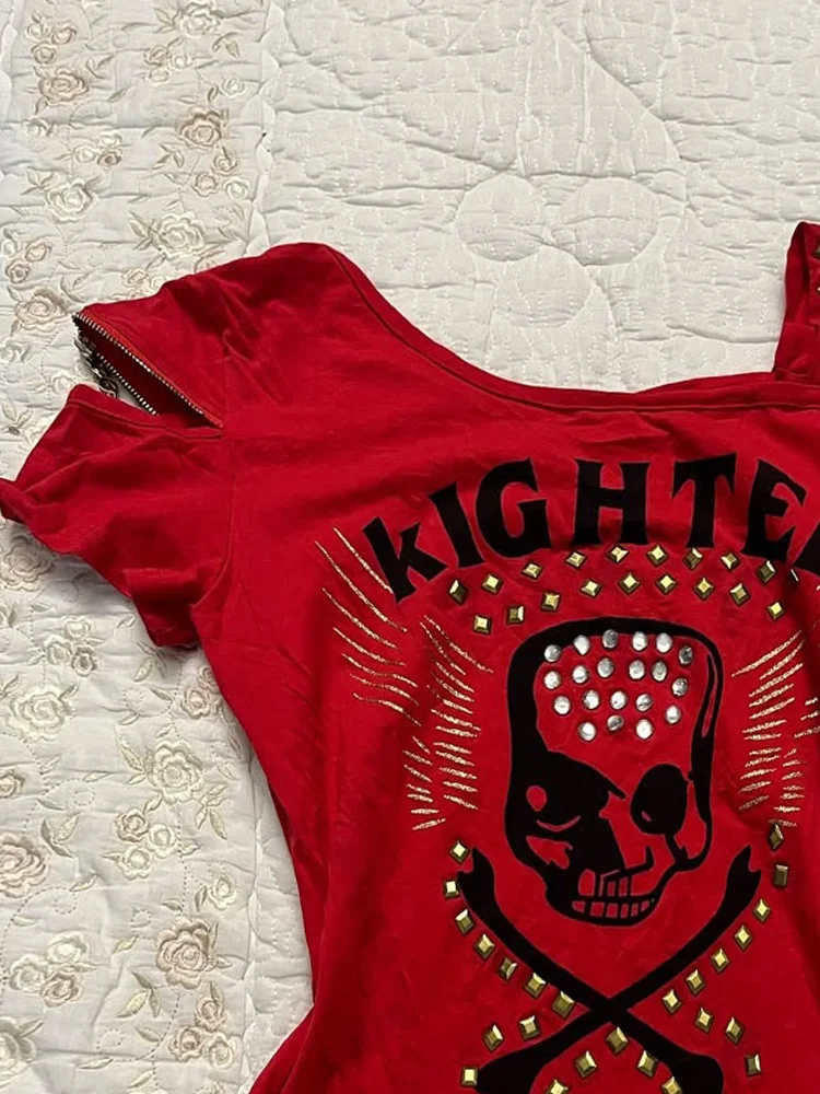 

Floral End Original Retro American Slim Fit Red Print T-irt Waist Cinching Slimming Versatile oulder Bared Top for Summer
