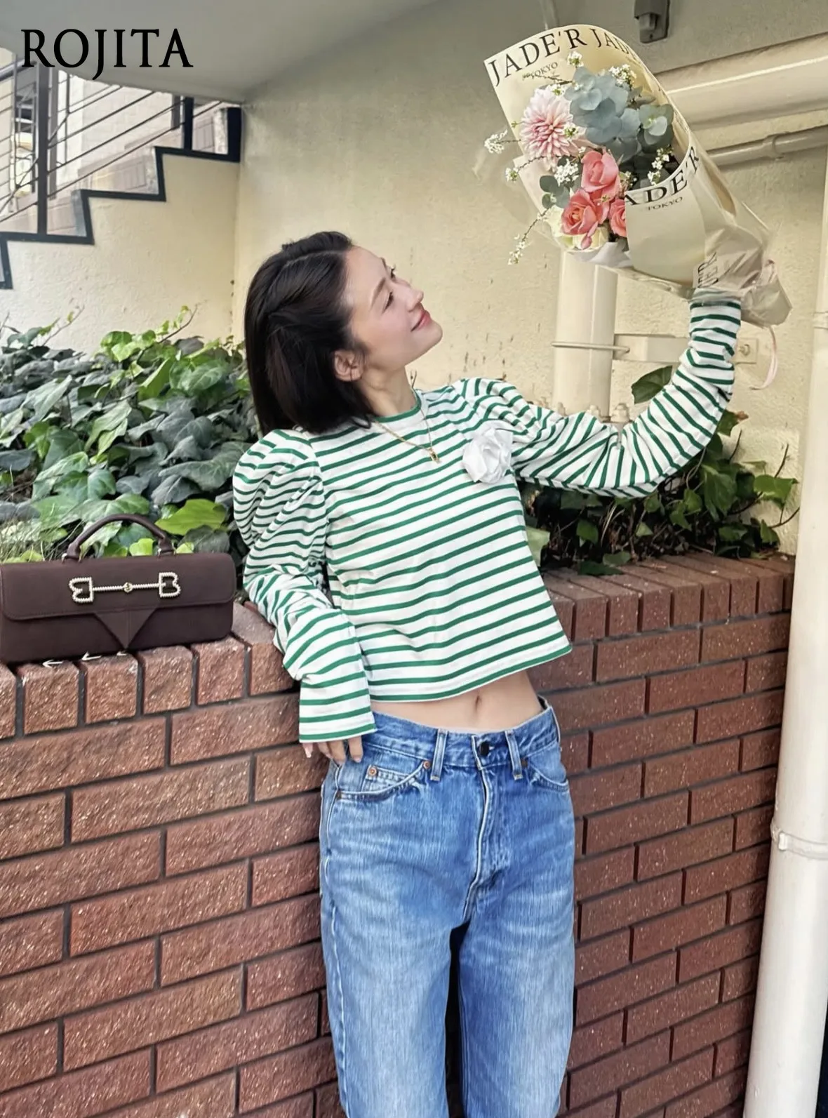 Spring and Autumn New Striped T-shirt Women Japanese Sweet Temperament Rose Decorative Bubble Long-sleeved Short Top
