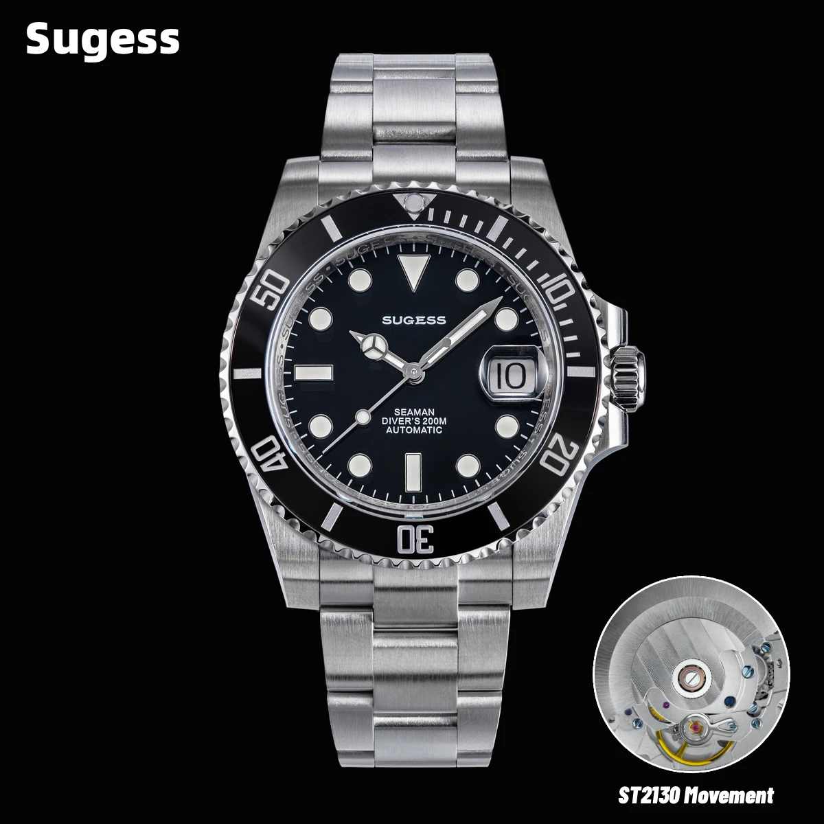 

Sugess Men of Watch Automatic Mechanical ST2130 Movement Wristwatches 200M Water Resistant Sapphire Crystal Adjust Clasp S421