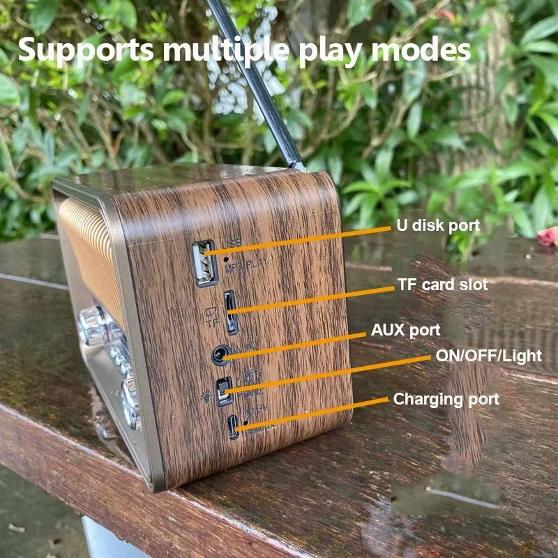 Portable Retro Radio Mini FM/AM/SW Radio Receiver Vintage Bluetooth Speaker with LED Flashlight Suuport TF Card USB AUX Play