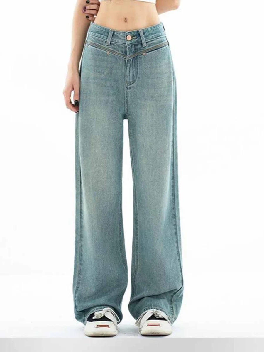 

High Waist Straight Leg Jeans Women's Summer New Sle Comfortable Loose Fit Casual Cotton Blend Denim Blue Color