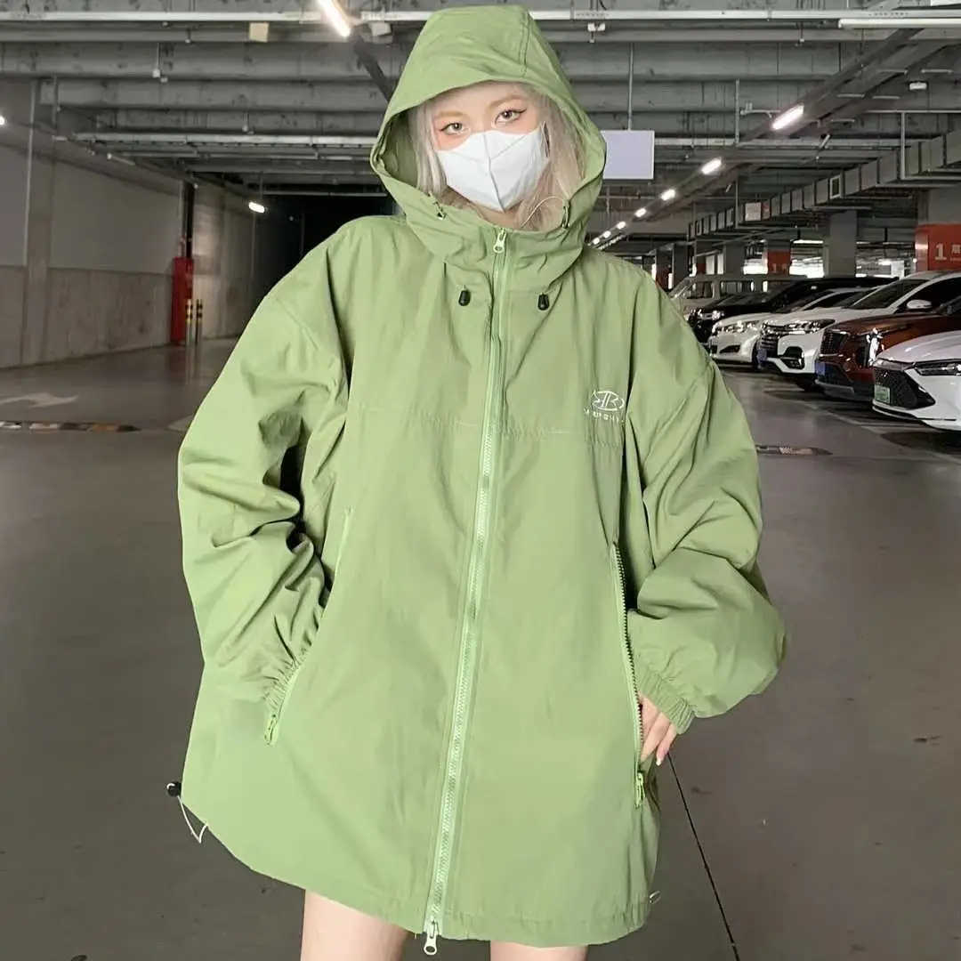 American Style Jacket Women Spring Autumn Preppy Style Windproof Zipper Hooded Trendy Thin Loose Embroidery Green Cargo Coat