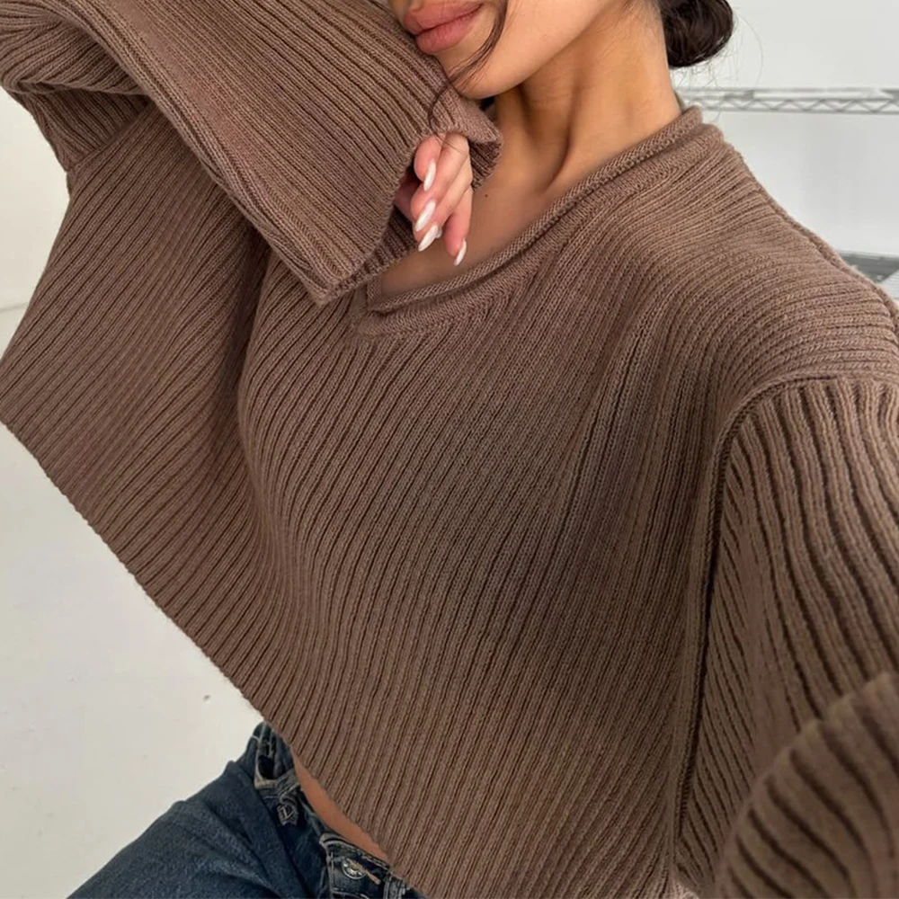 아메리칸 레트로 스타일 여성용 루즈핏 브이넥 단색 스웨터 가을 겨울 패션 다용도 스트라이프 탑