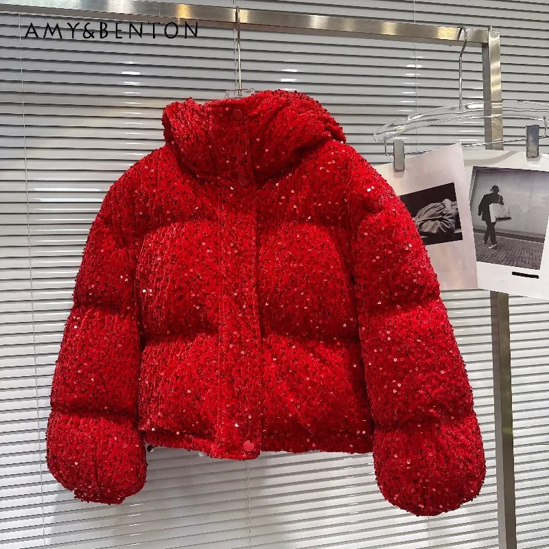 Nowa, specjalna, wytworna kurtka puchowa z cekinami, ocieplana, z kapturem, bawełniana, zimowa, ciepła, z długim rękawem, zapinana na zamek, parki, top, damska